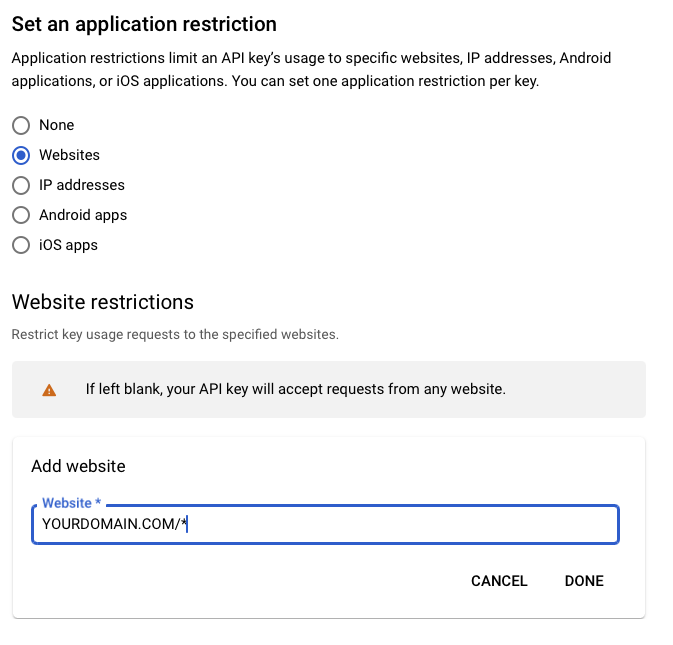 screenshot of area in google cloud console where credentials are restricted by url