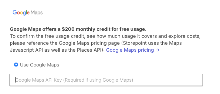 screenshot of area in storepoint map provider settings page where the Google Maps API Key should be added to associate storepoint with the google maps configuration